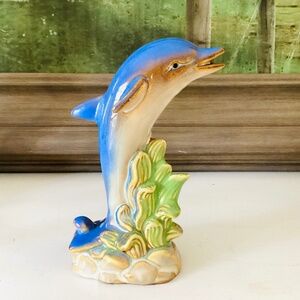 GLAZE POTTERY DOLPHIN STATUE BLUE BROWN STONEWARE MARINE NAUTICAL BEACH DECOR